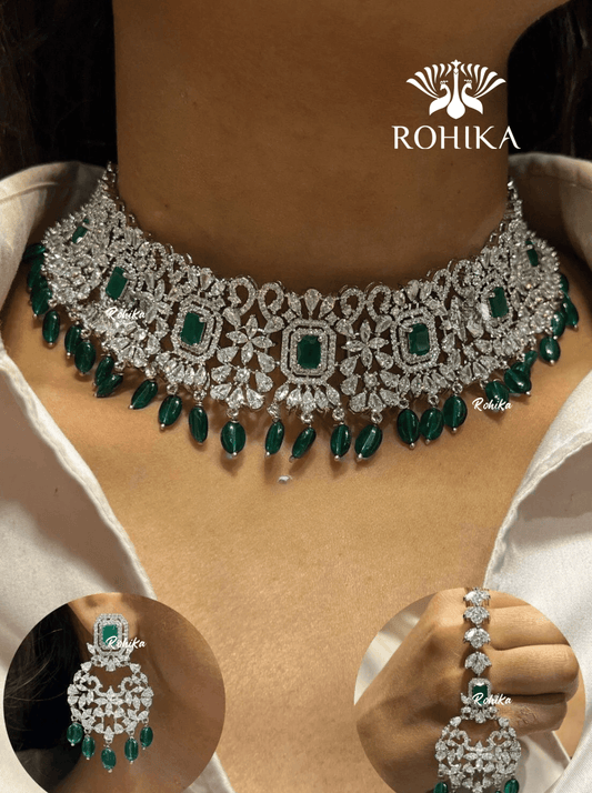 Ella american diamond choker set - Dark green - Rohika Store