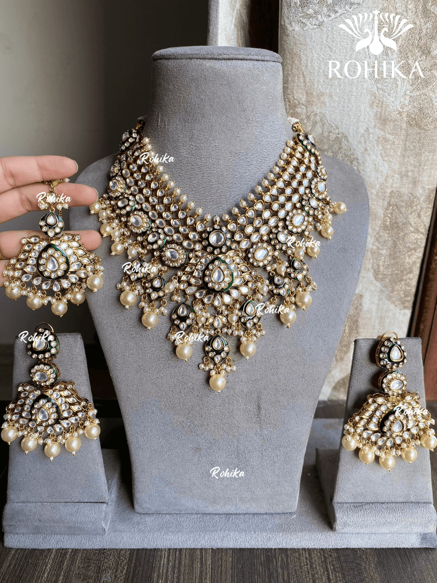 Angira bikaneri polki kundan necklace set - Dark Green - Rohika Store
