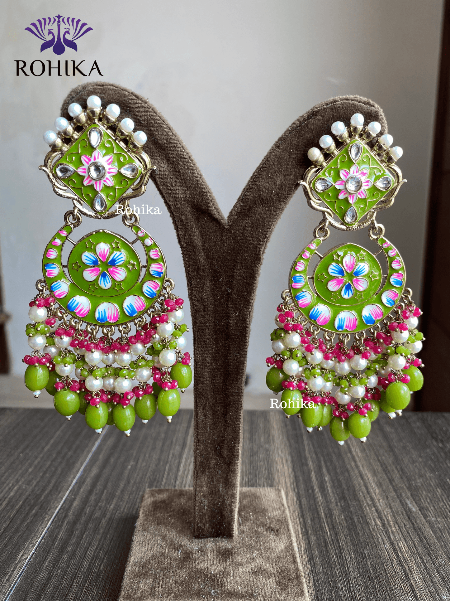 Rashmi meenakari earrings - Parrot green - Rohika Store