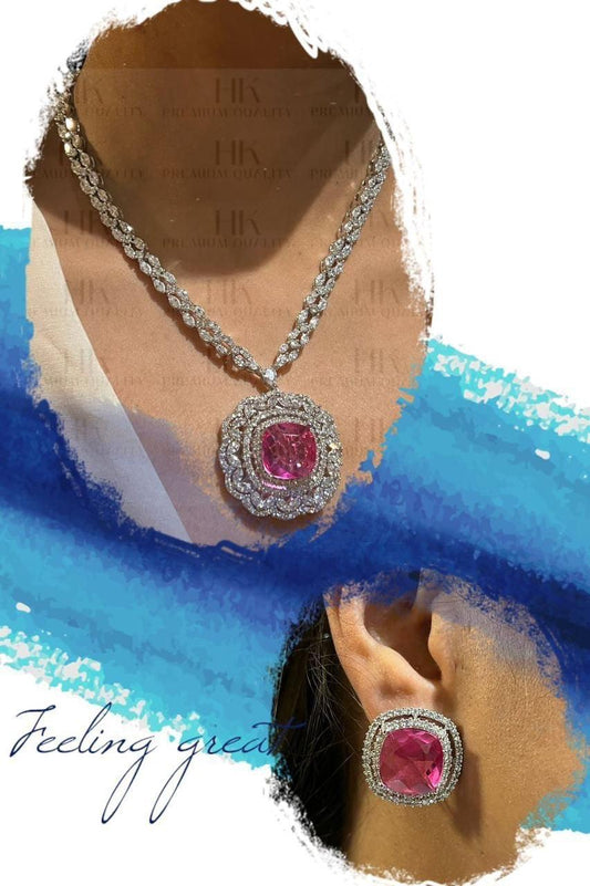 Sofiya american diamond necklace set - Pink - Rohika Store