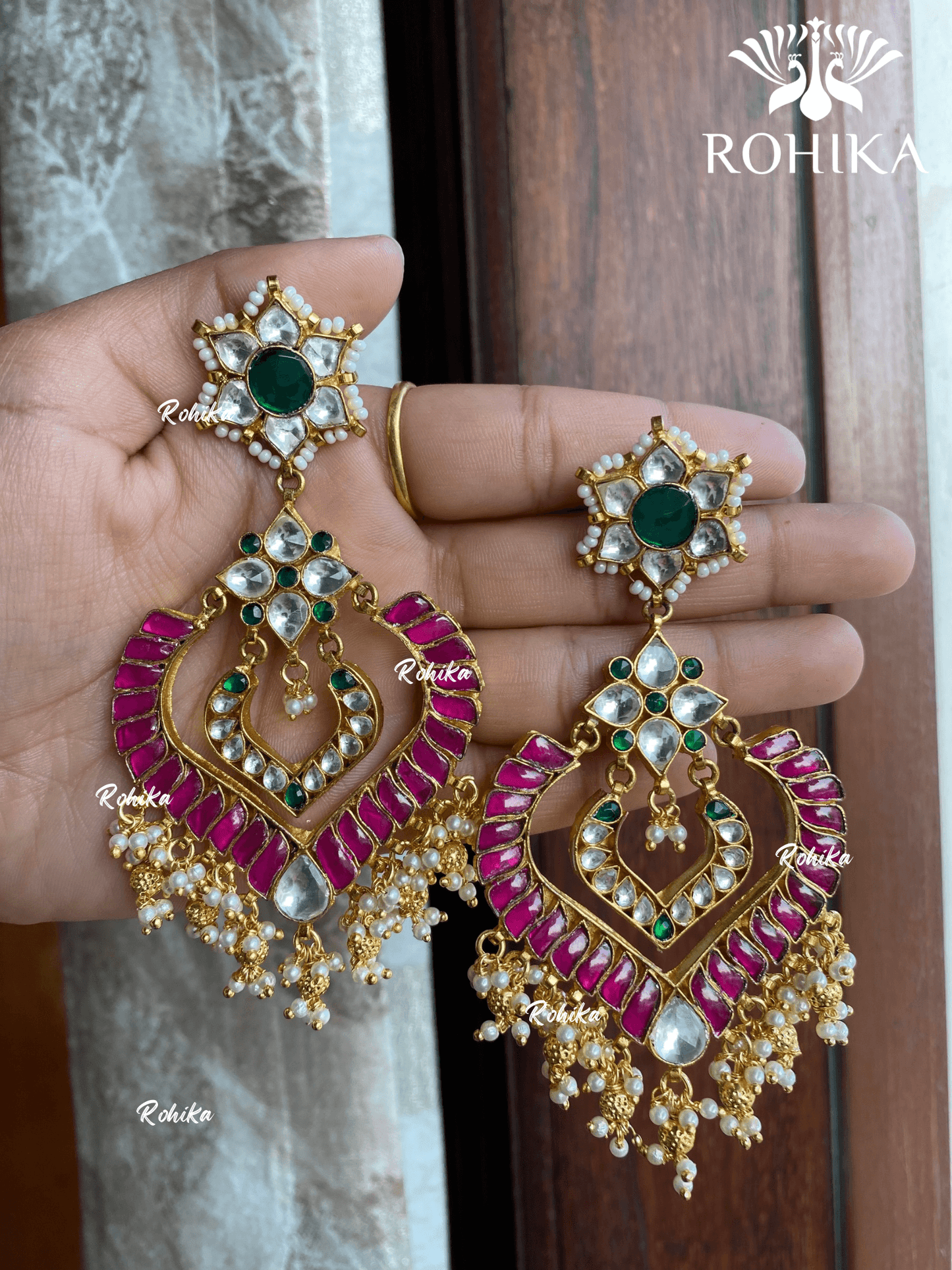 Parini pachhi kundan earrings (PKJ012) - Pink & green - Rohika Store