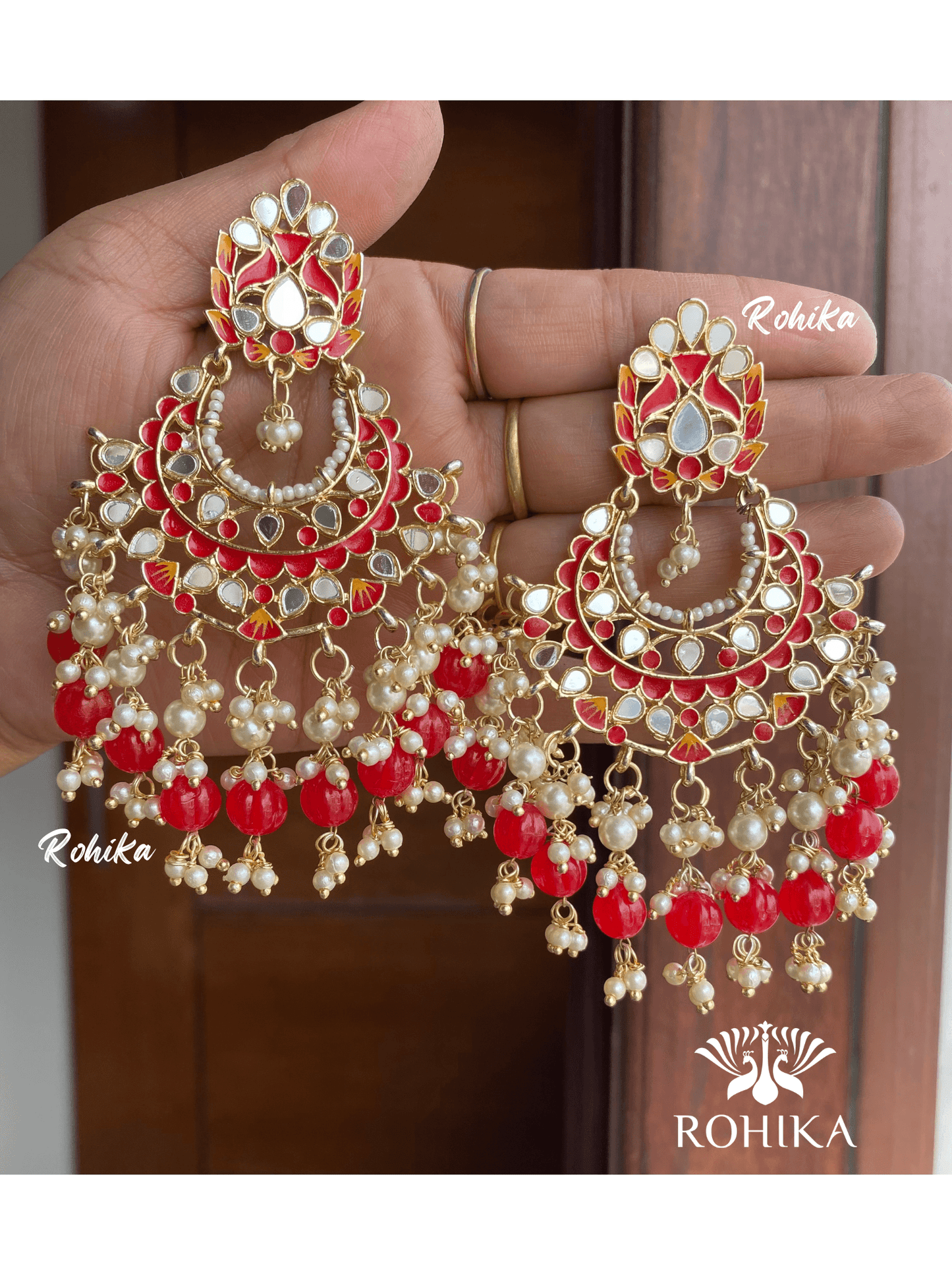 Veena mirror earrings - Red - Rohika Store