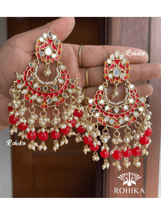 Veena mirror earrings - Red - Rohika Store