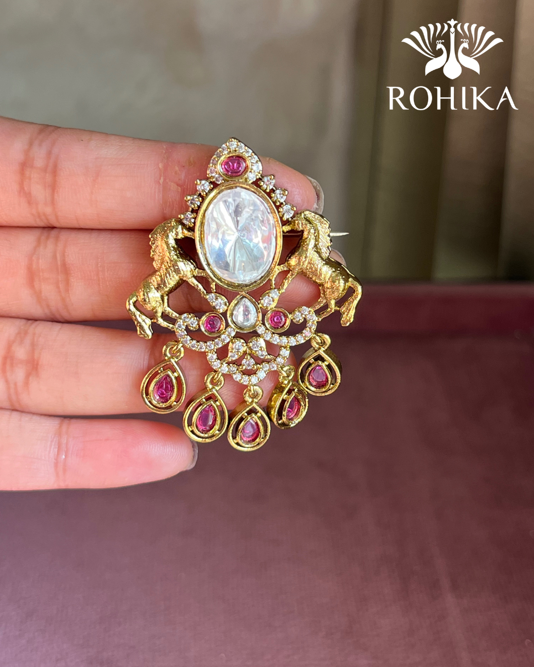 Polki Kundan Brooch (BR-007) - Ruby Red