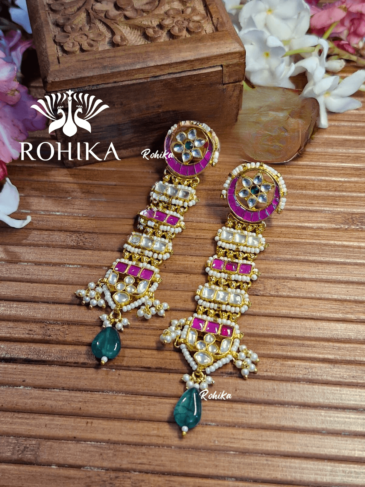 Parini pachhi kundan jhumka (PKJ003) - Pink & green - Rohika Store