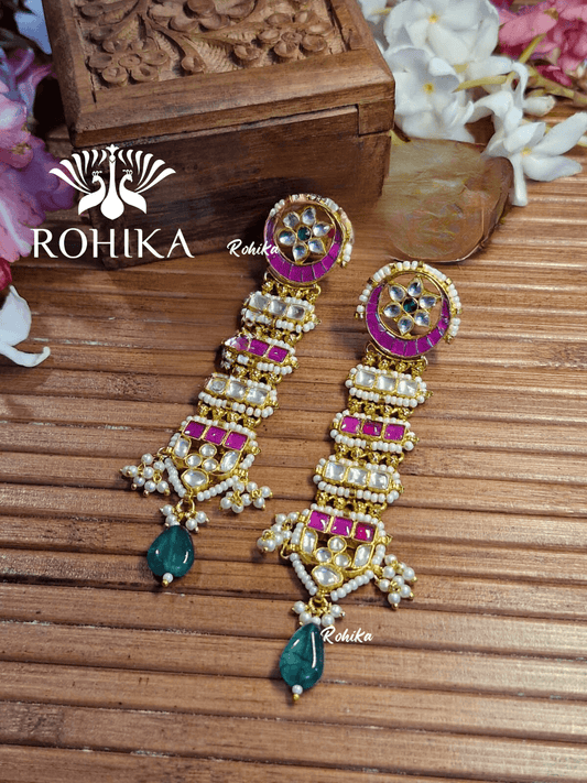Parini pachhi kundan jhumka (PKJ003) - Pink & green - Rohika Store