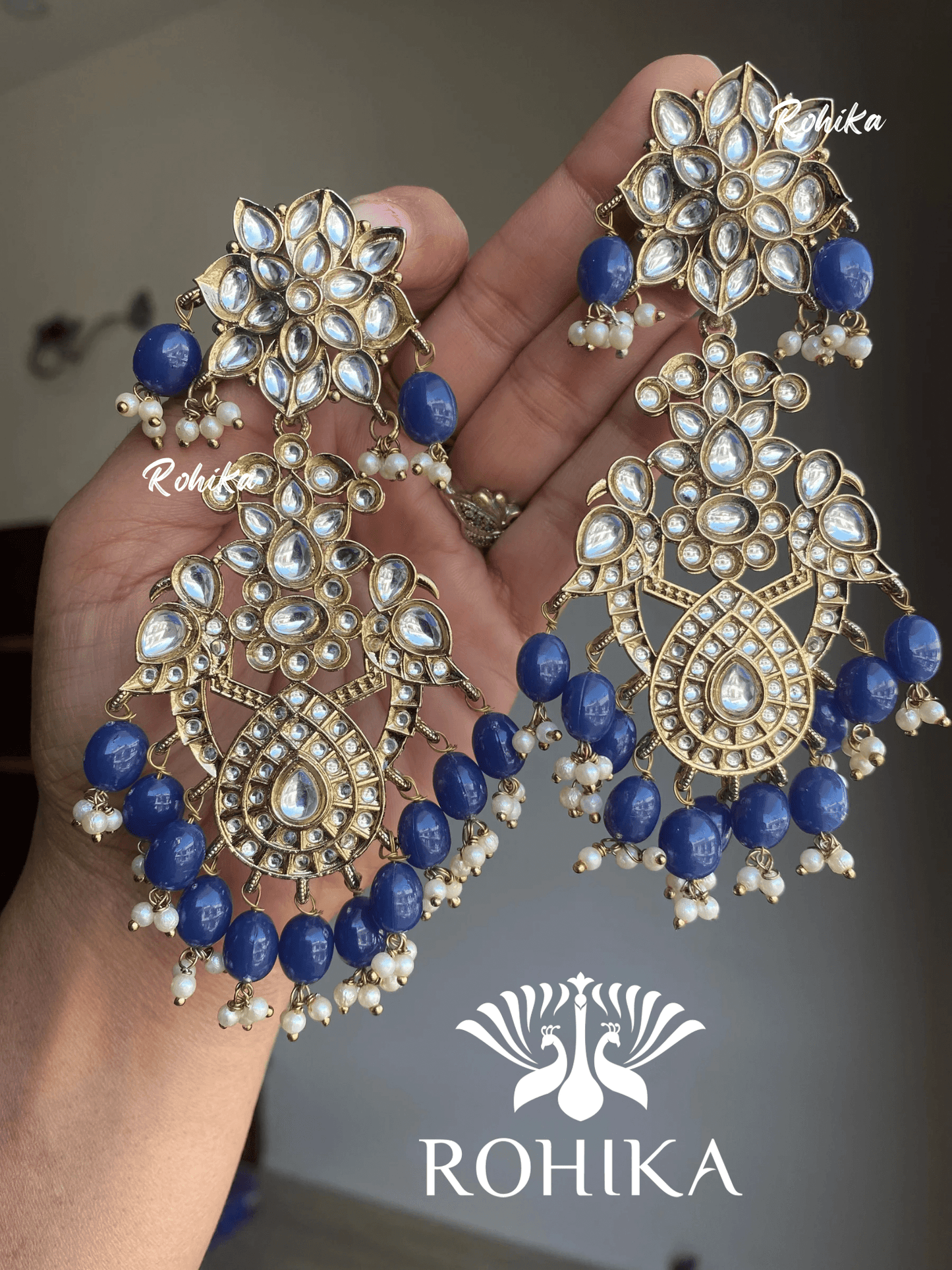 Anupama kundan earrings - Navy Blue - Rohika Store
