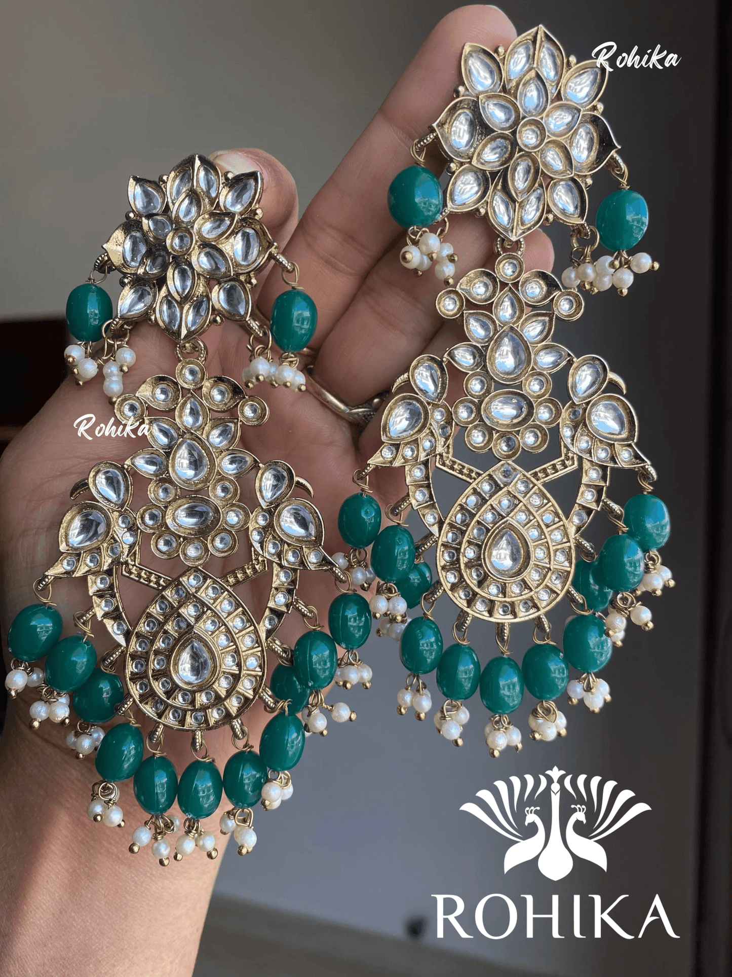 Anupama kundan earrings-Green - Rohika Store
