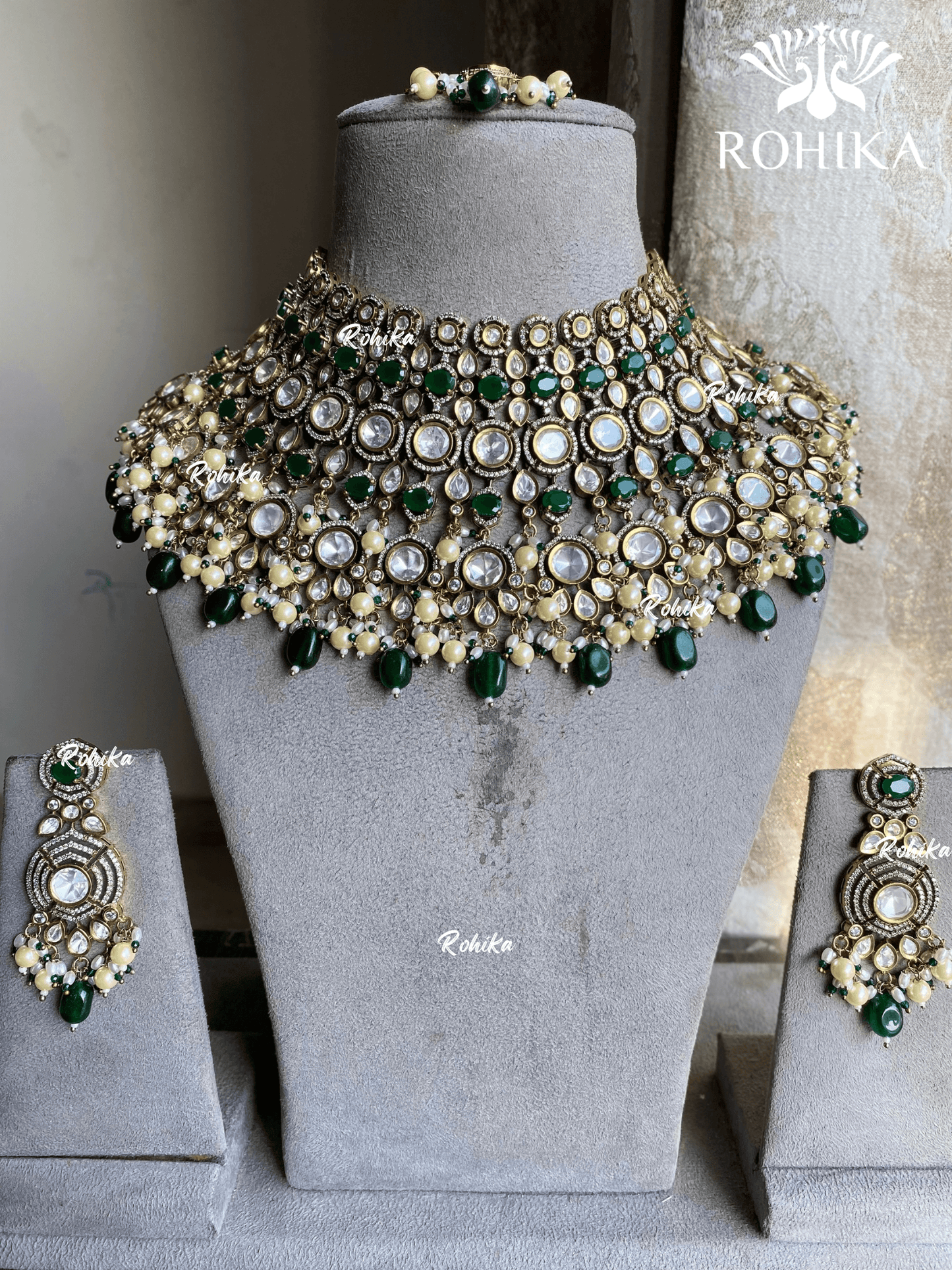 Dharini polki kundan bridal necklace set - Dark Green - Rohika Store