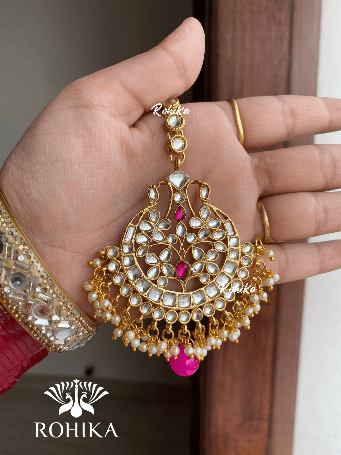 Kavee earrings and maangtikka combo - Pink - Rohika Store