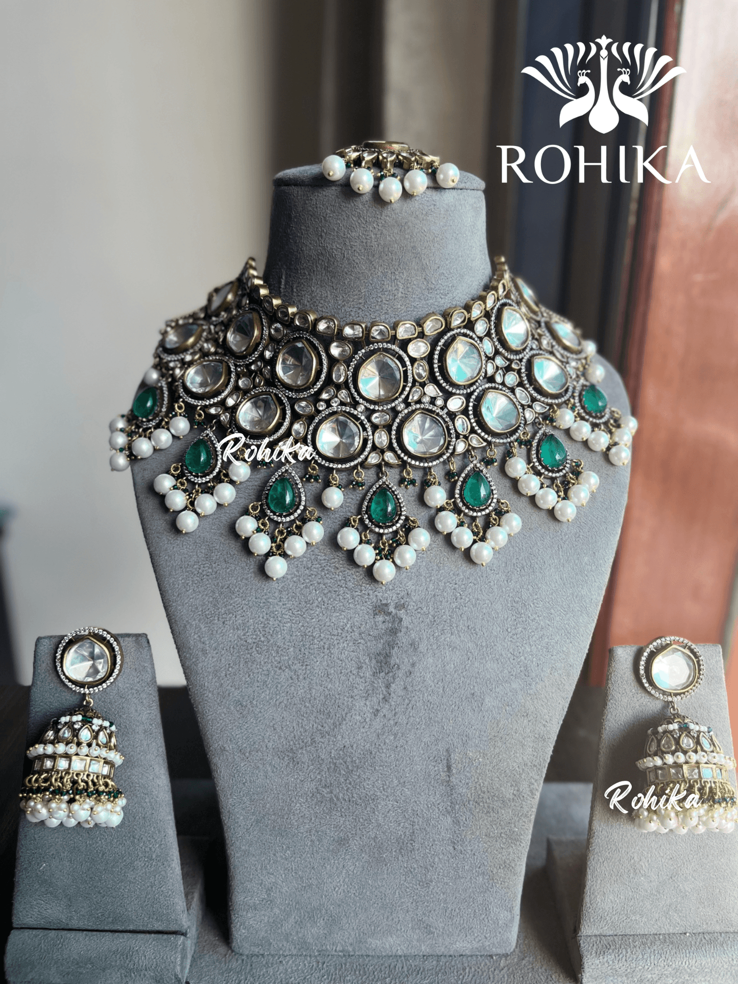 Katha polki kundan bridal set - Green - Rohika Store