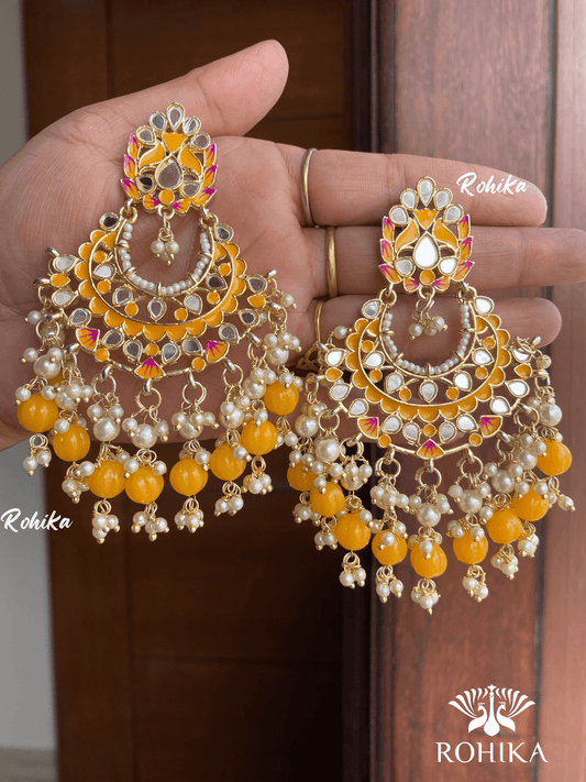 Veena mirror earrings- Yellow - Rohika Store