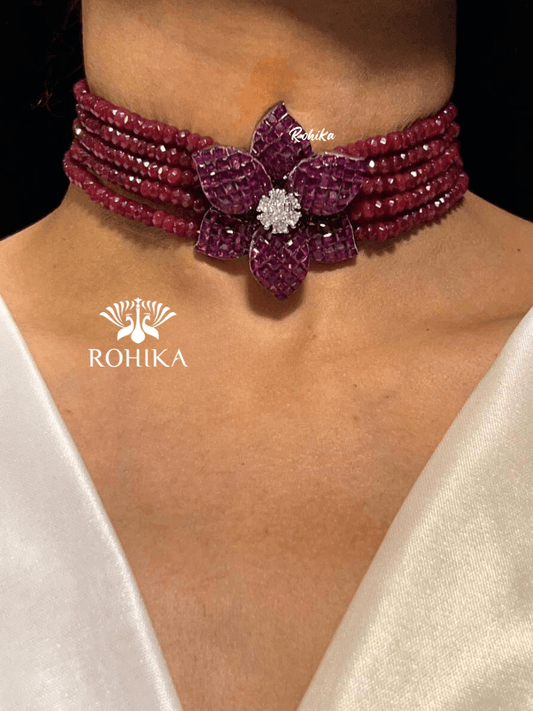 Ivy american diamond choker set -Wine pink - Rohika Store