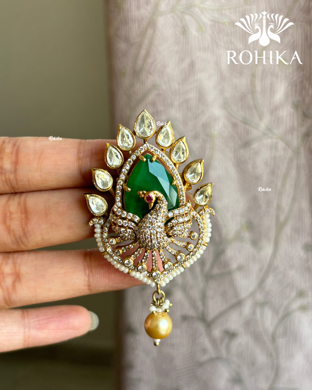 Moisanite kundan Brooch (BR-005) - Green