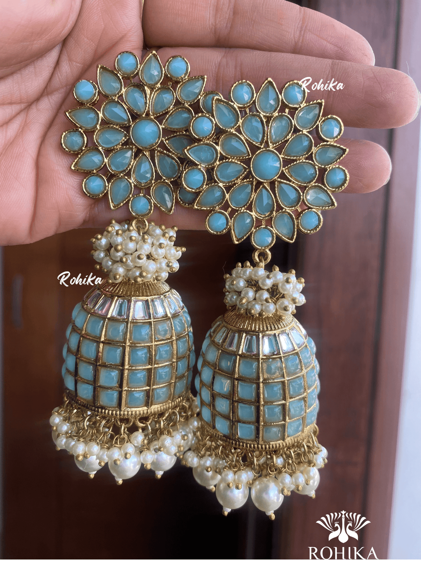 Roop jhumka earrings-Peach -Blue - Rohika Store