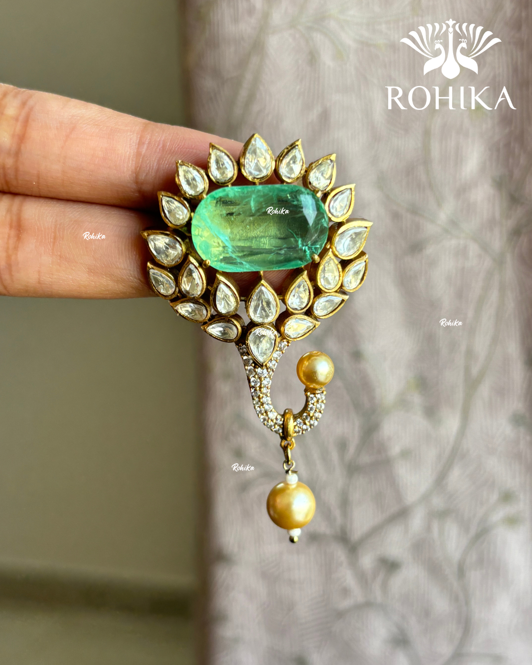 Moisanite kundan Brooch (BR-002) -Mint Green