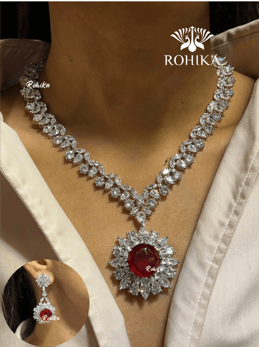 Ava american diamond necklace set - Red - Rohika Store