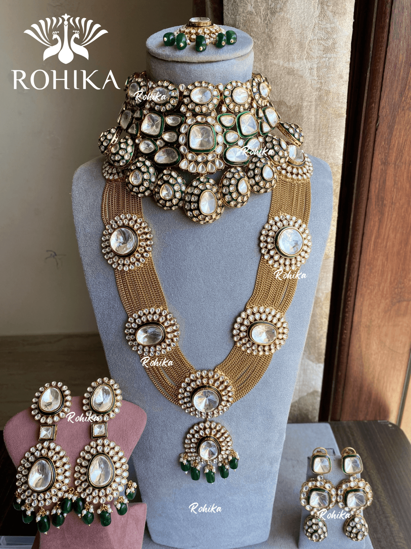 Akshara polki kundan bridal combo set - Dark Green - Rohika Store