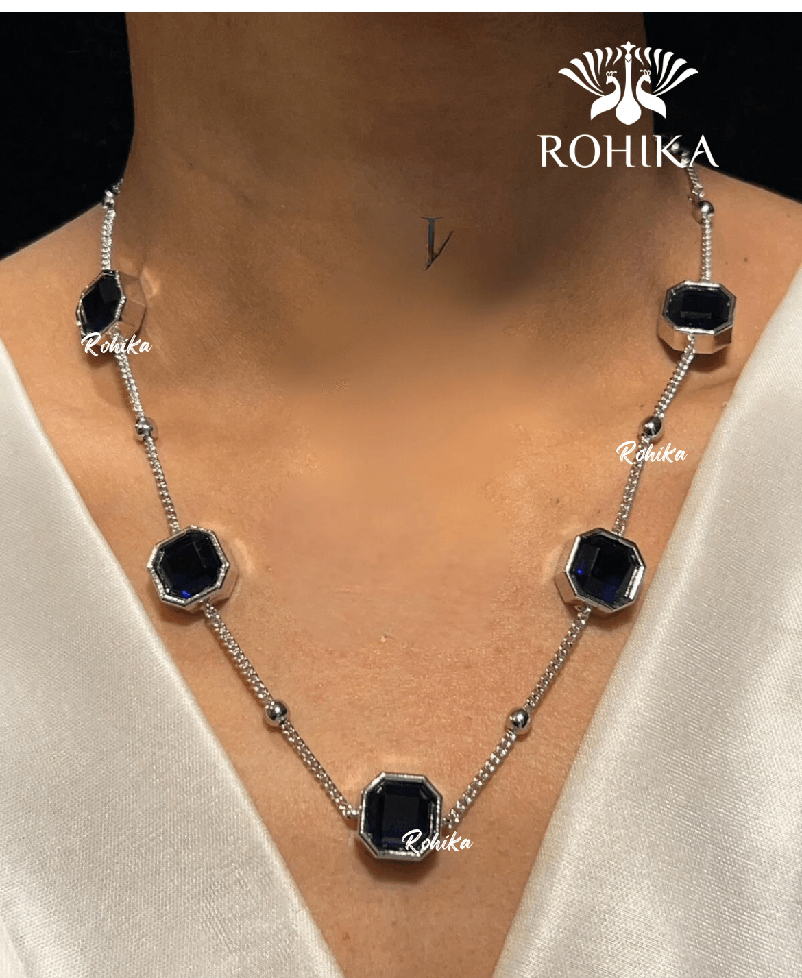 Vera american diamond necklace set - Dark blue - Rohika Store