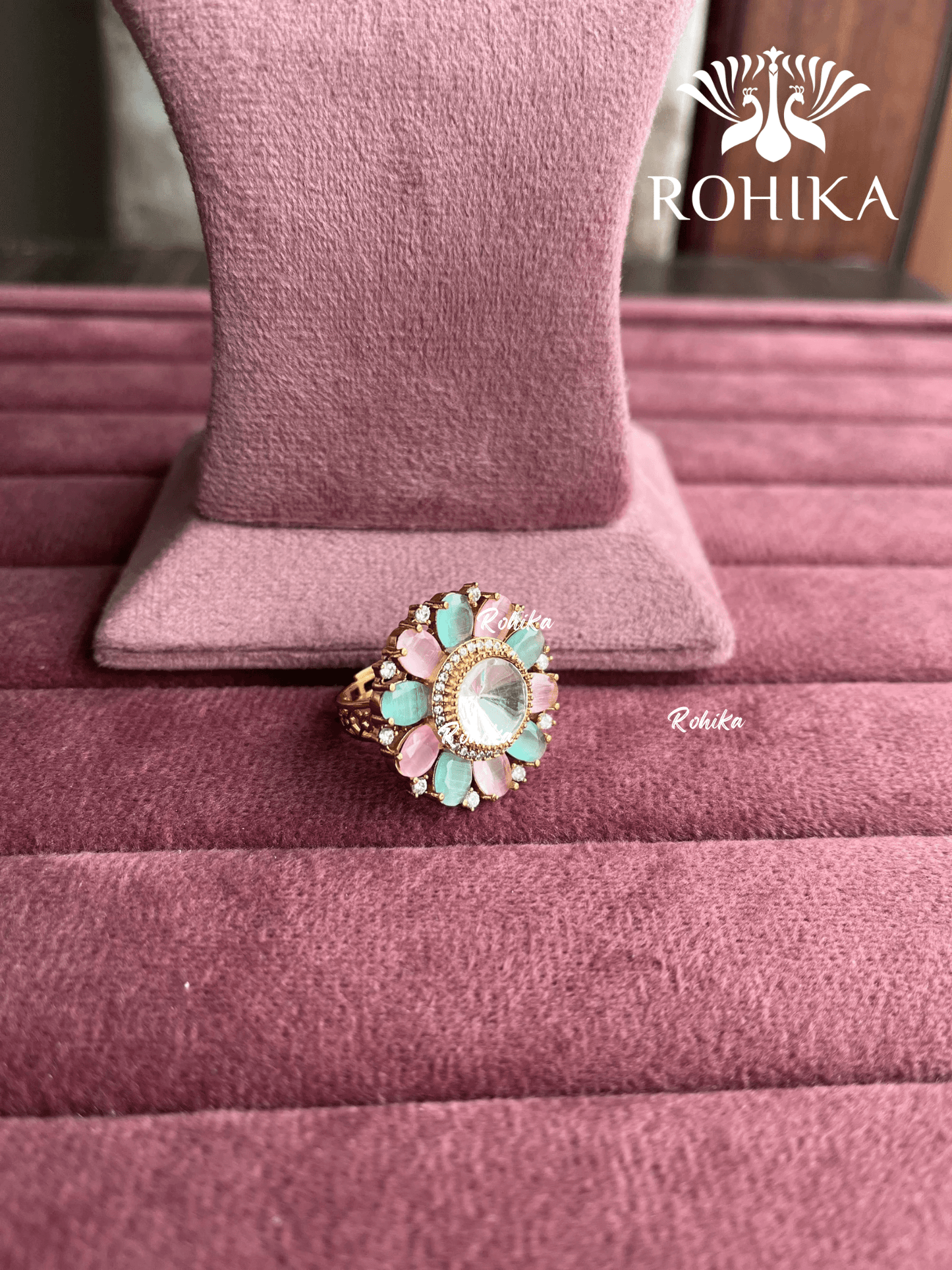 Angana polki kundan ring (SG-094) - Mint green & pink - Rohika Store