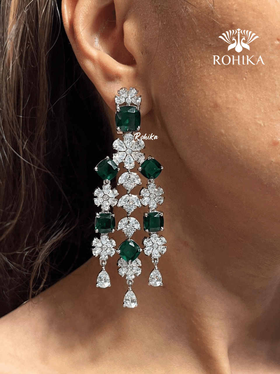 Eve american diamond necklace set -Green - Rohika Store