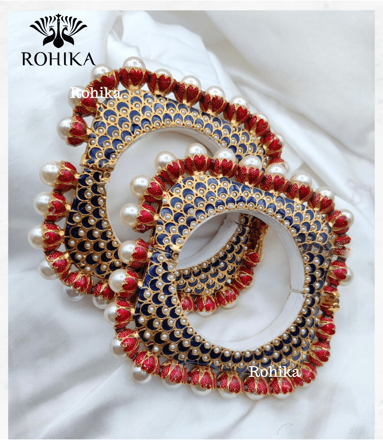 Aastha jadau bangles - Dark blue and red - Rohika Store