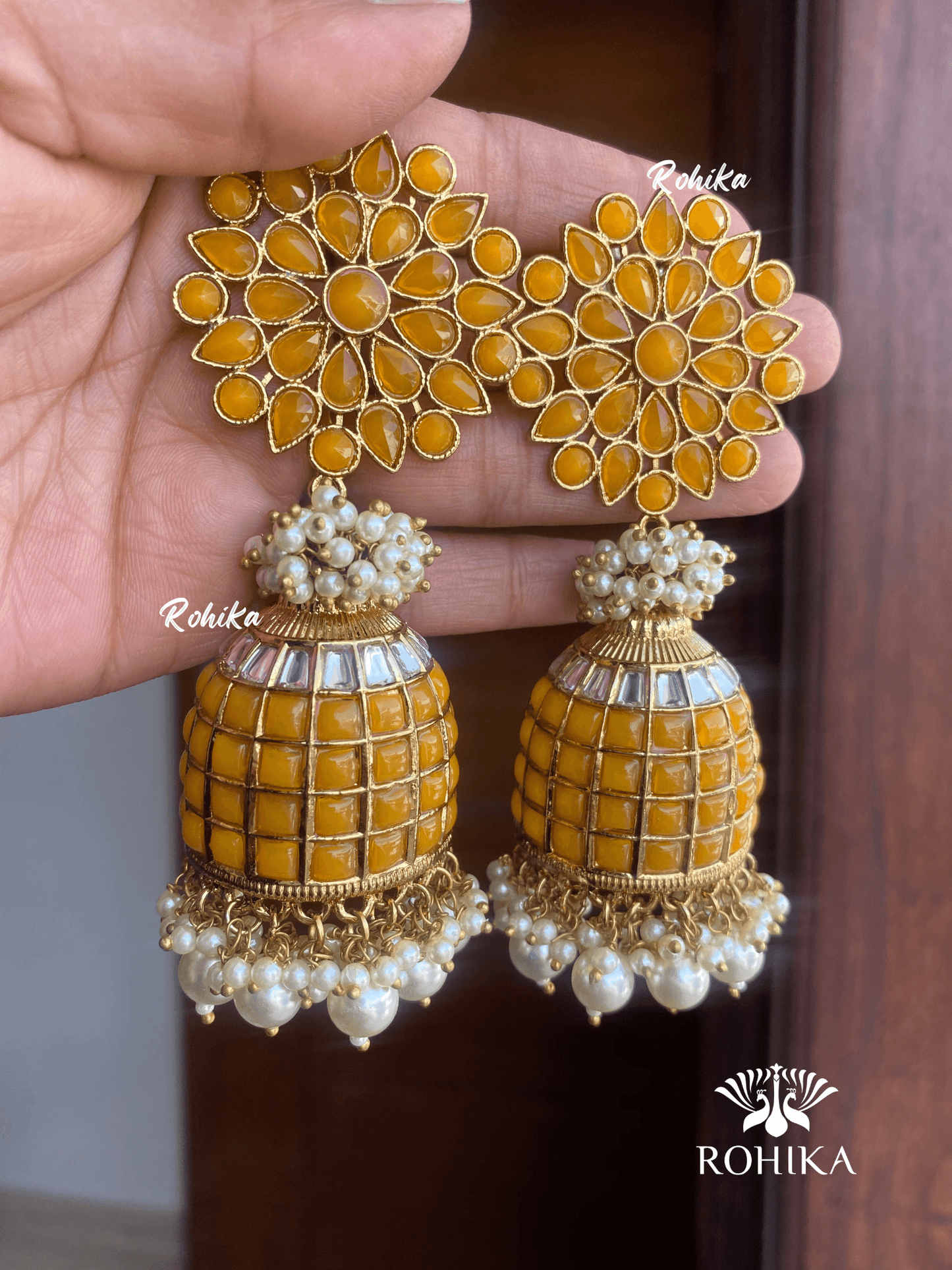 Roop jhumka earrings-Peach -Yellow - Rohika Store