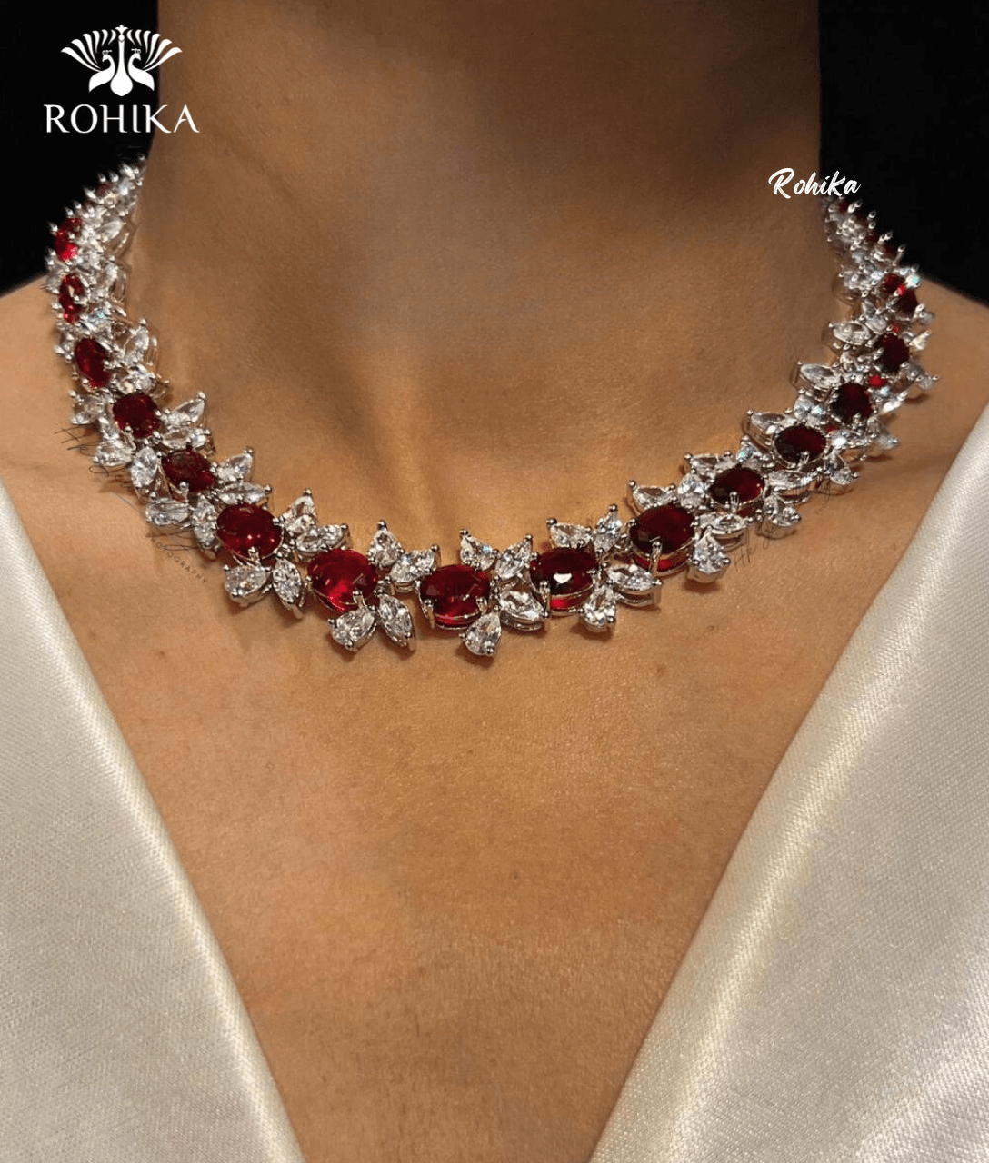 Emma american diamond necklace set - Red - Rohika Store