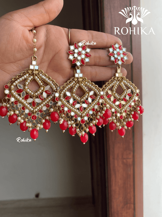 Priyam mirror earrings tikka combo - Red - Rohika Store
