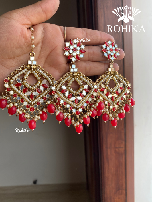 Priyam mirror earrings tikka combo - Red