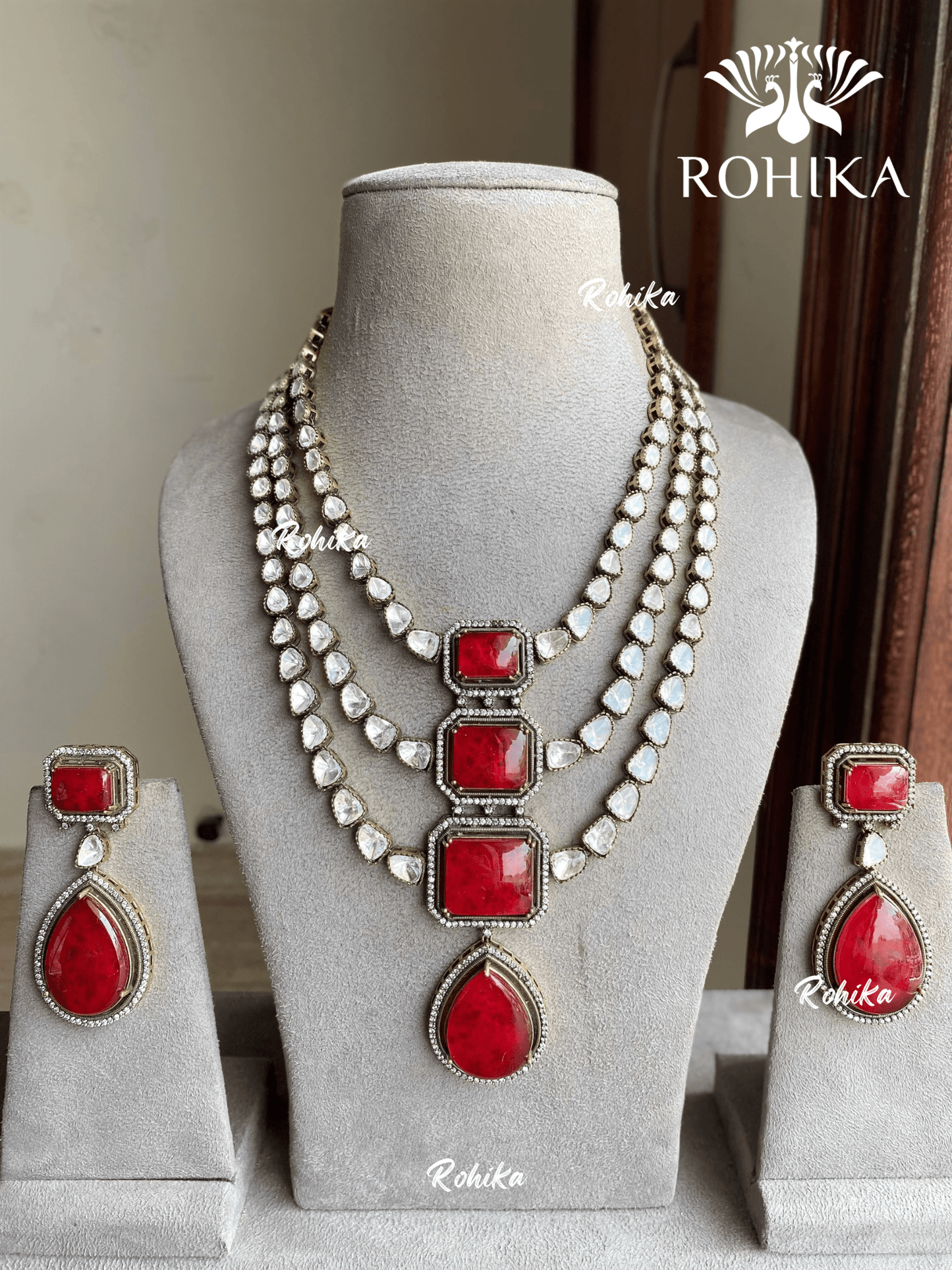 Kamya doublet stone moisinite necklace set - Red - Rohika Store
