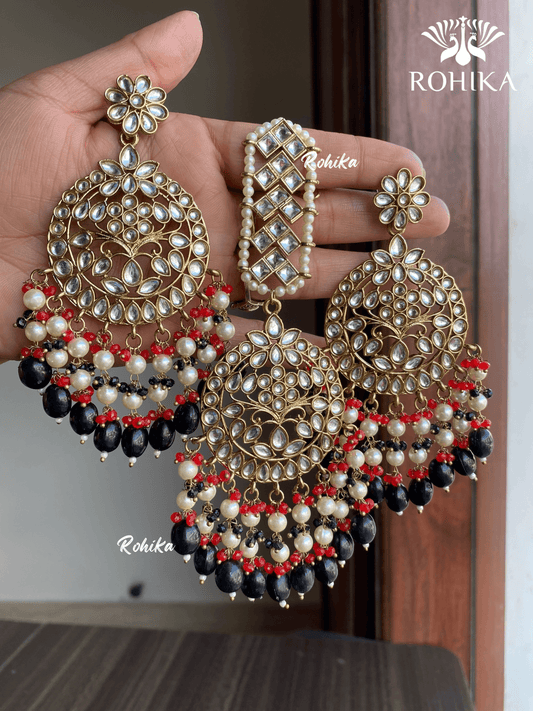 Sapna earrings and maangtikka combo - Black - Rohika Store