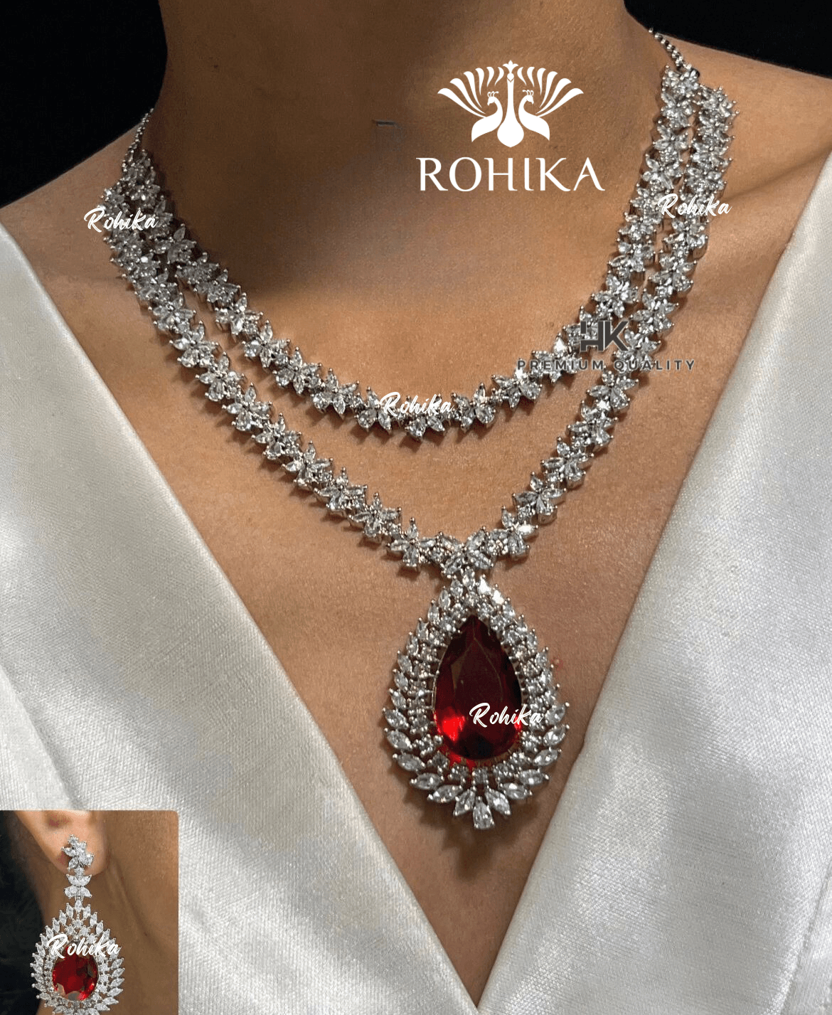 Leona american diamond necklace set - Red - Rohika Store