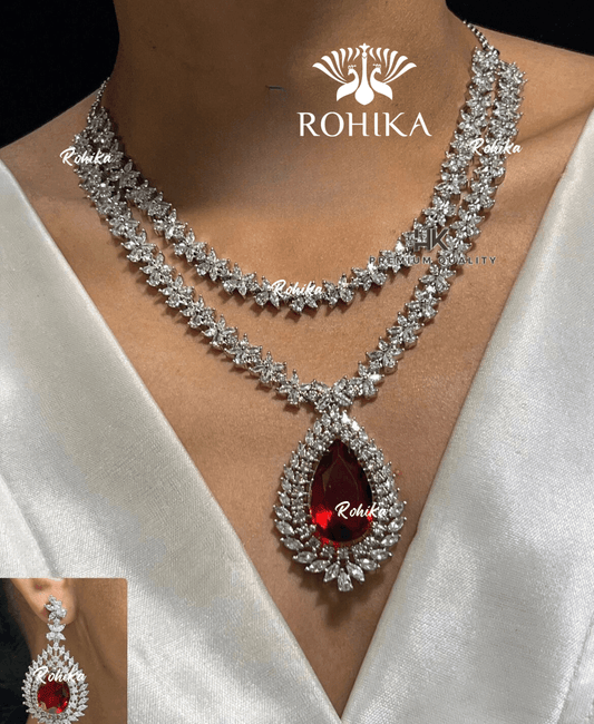Leona american diamond necklace set - Red - Rohika Store