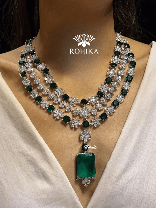 Eve american diamond necklace set -Green - Rohika Store