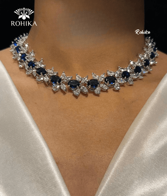 Emma american diamond necklace set - Blue - Rohika Store