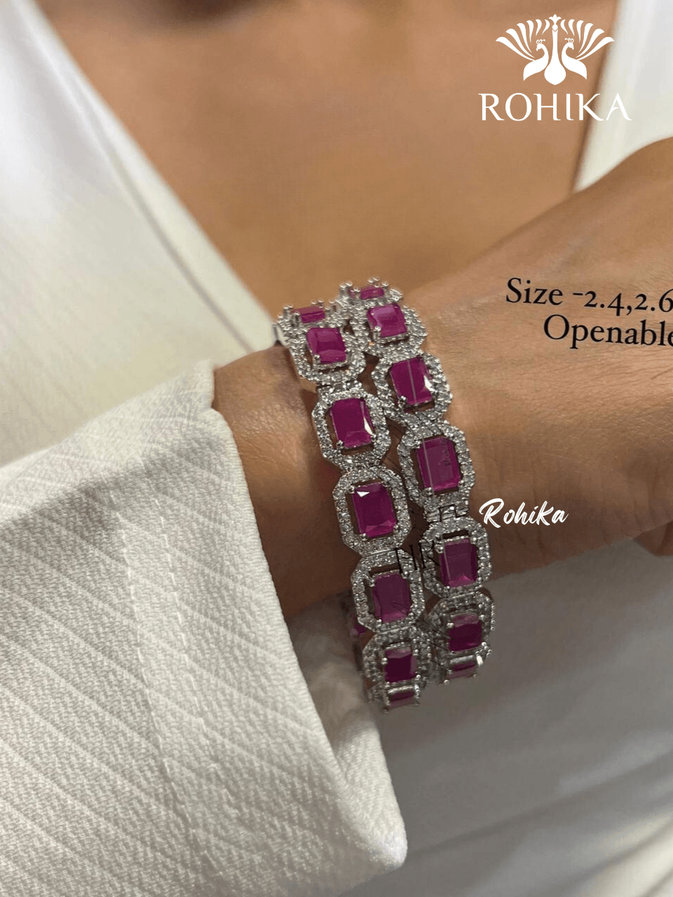 Denise american diamond bangles pair - Pink - Rohika Store