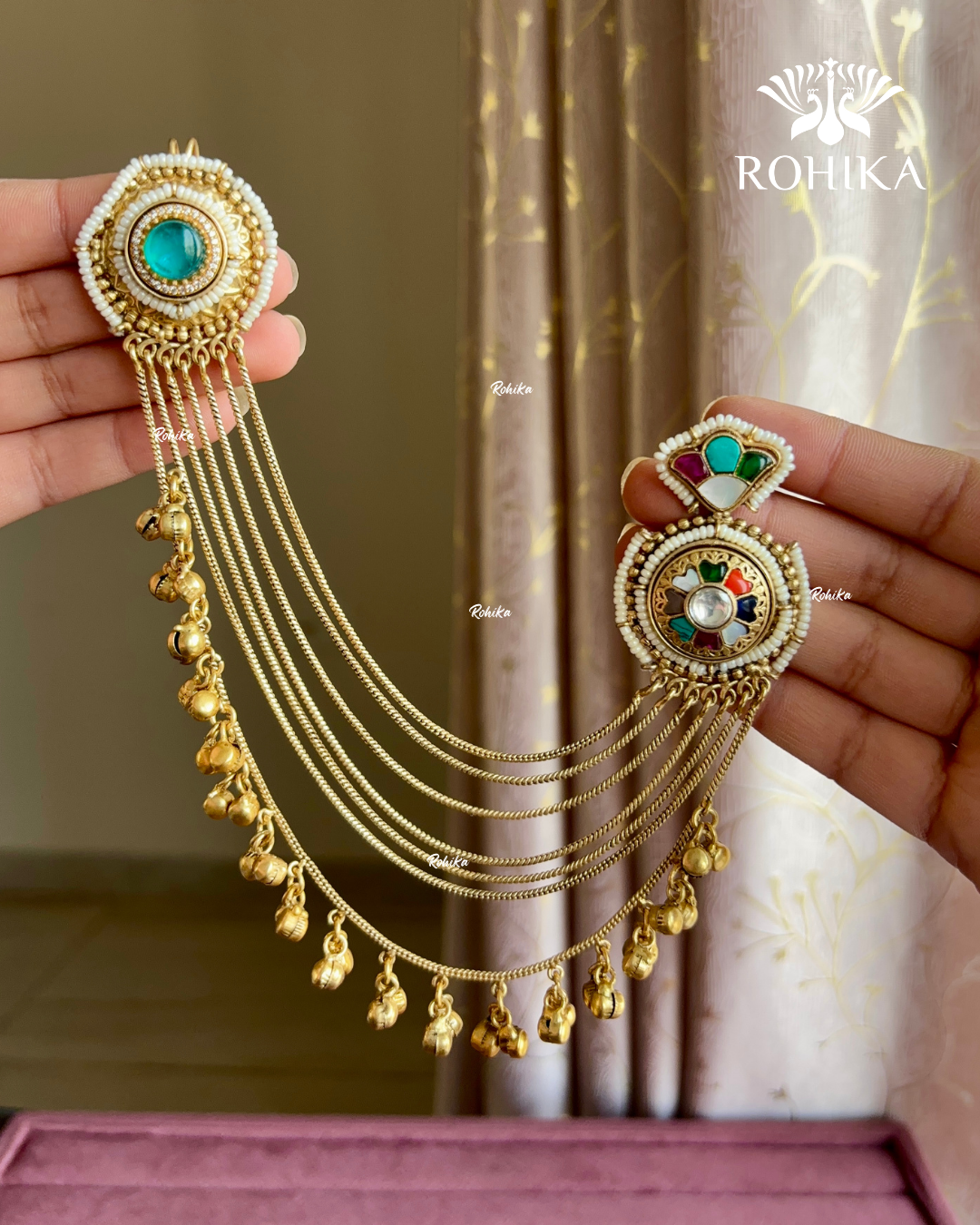 Piya polki kundan earrings with earchains(EE-007)- Mint Green and Multi colour