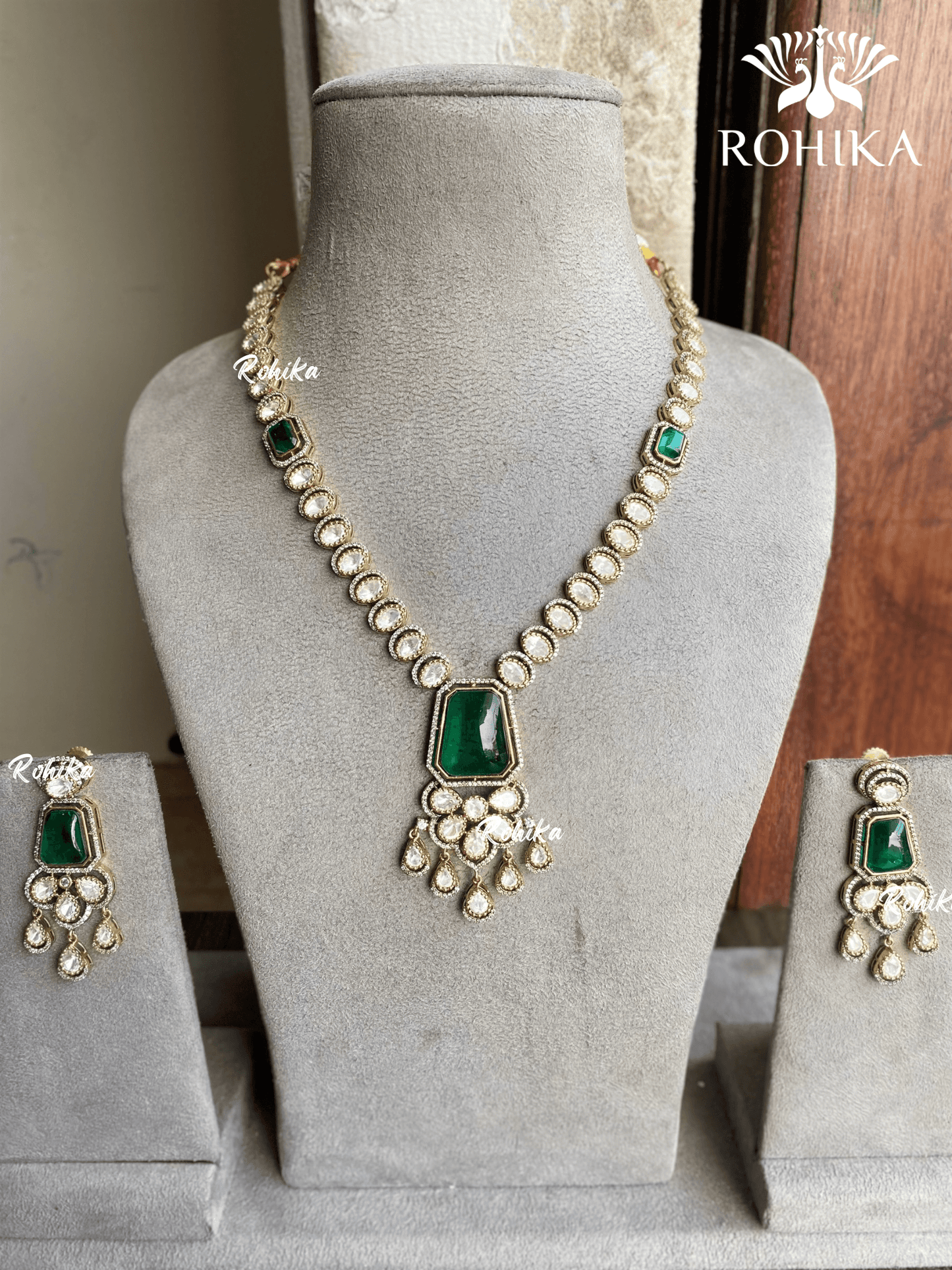 Shruti moisinite necklace set - Dark Green - Rohika Store
