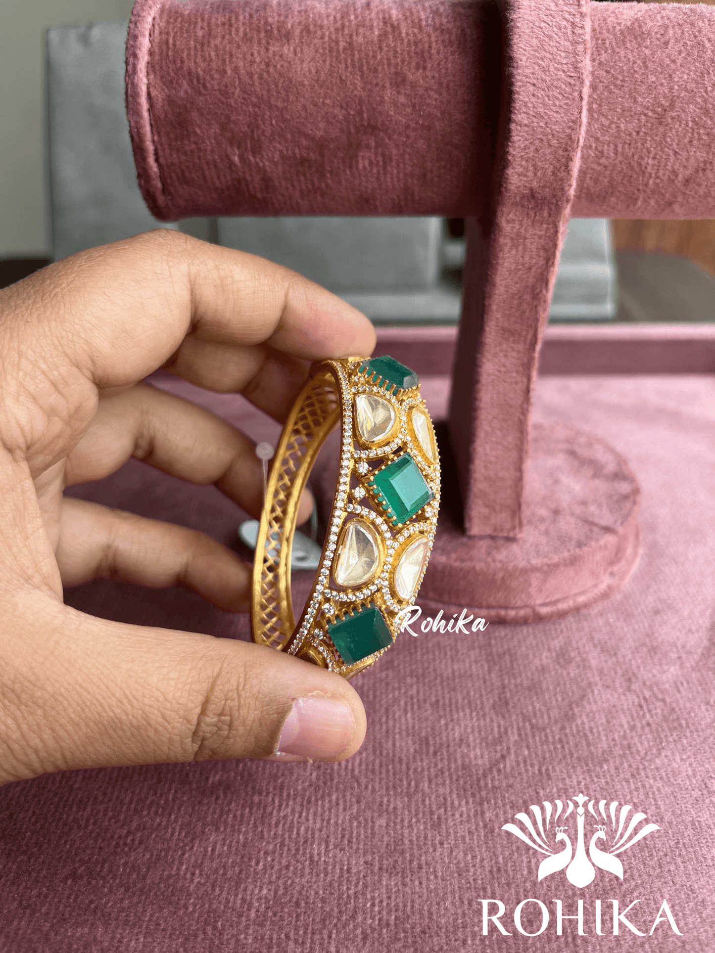 Snavya moisinite kundan bangle/kada - Green - Rohika Store