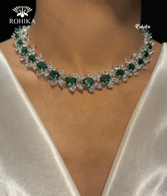 Emma american diamond necklace set - Dark Green - Rohika Store