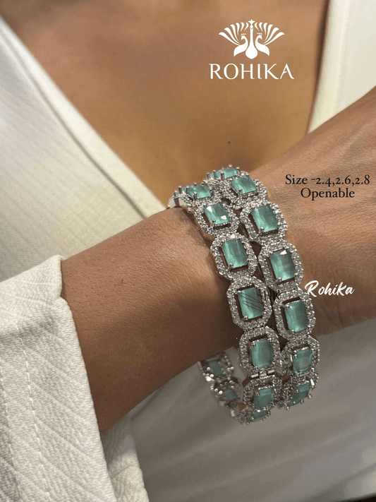 Denise american diamond bangles pair - Mint Green - Rohika Store