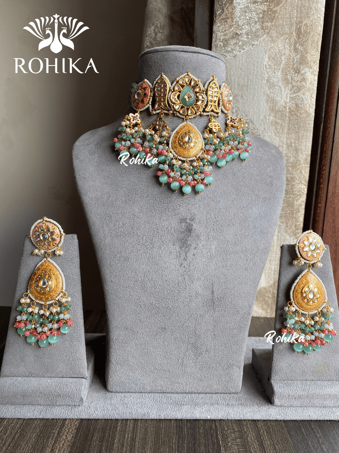 Kaya meenakari kundan choker set - Mint Green - Rohika Store