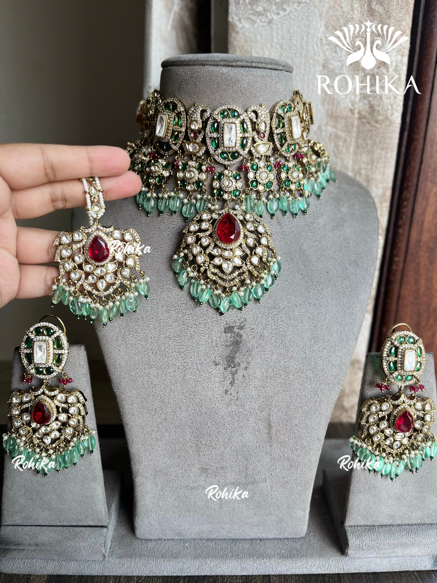 Apeksha Polki Kundan Necklace Set - Mint green