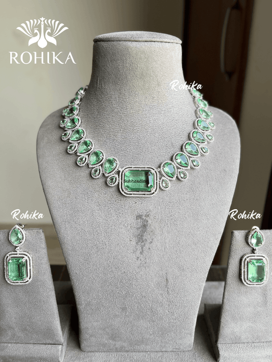 Hoor American diamond necklace set - Mint green - Rohika Store