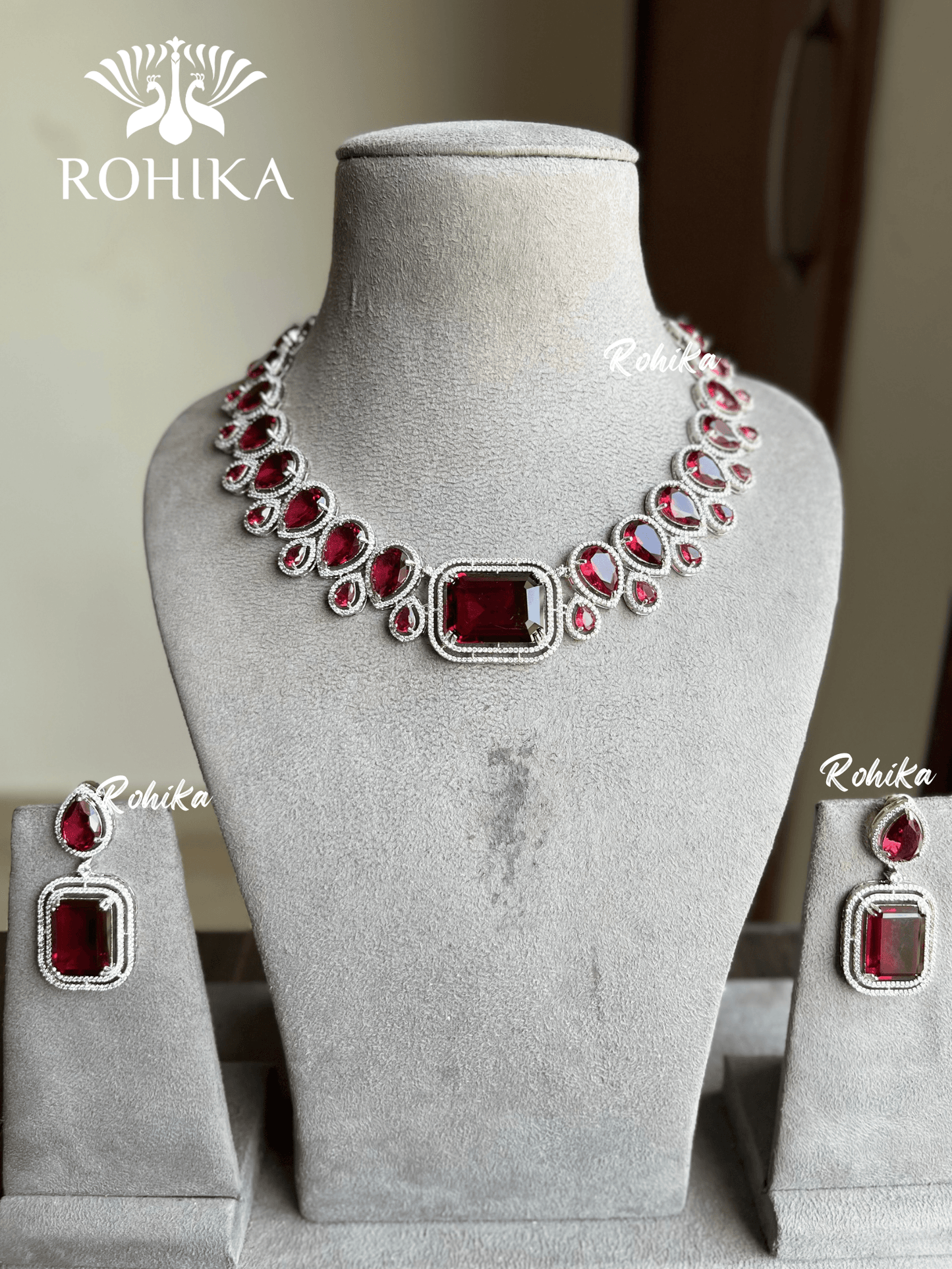 Hoor American diamond necklace set - Red - Rohika Store