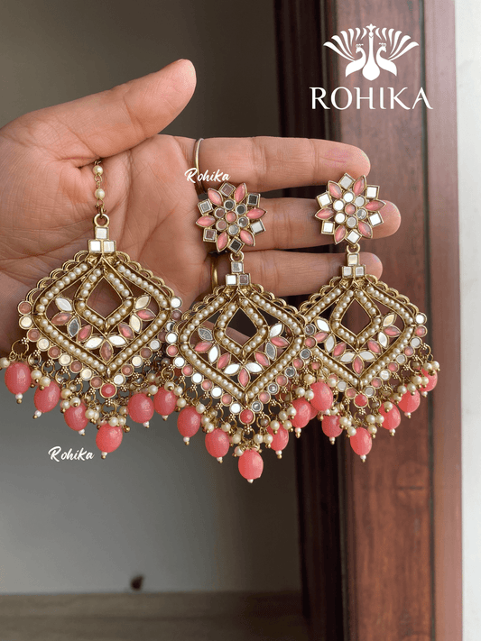 Priyam mirror earrings tikka combo - Pink - Rohika Store
