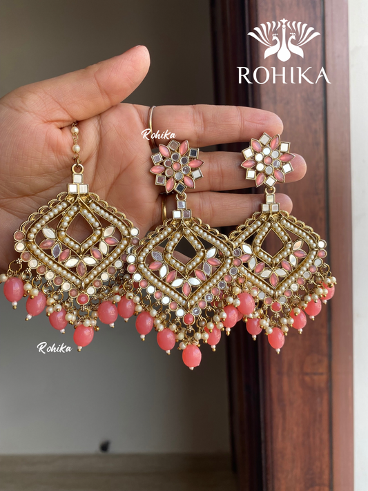 Priyam mirror earrings tikka combo - Pink