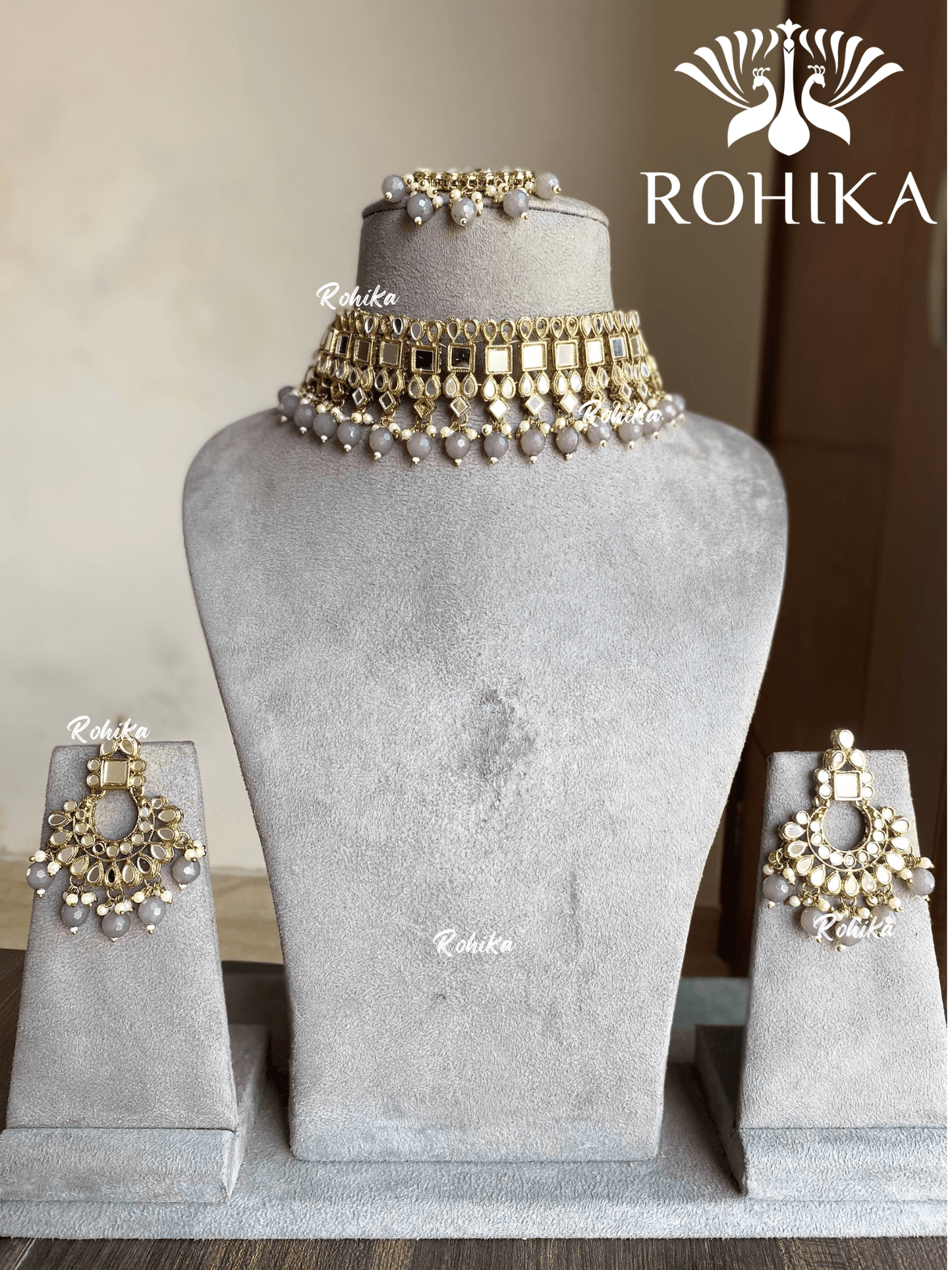 Saman mirror choker set - Grey - Rohika Store