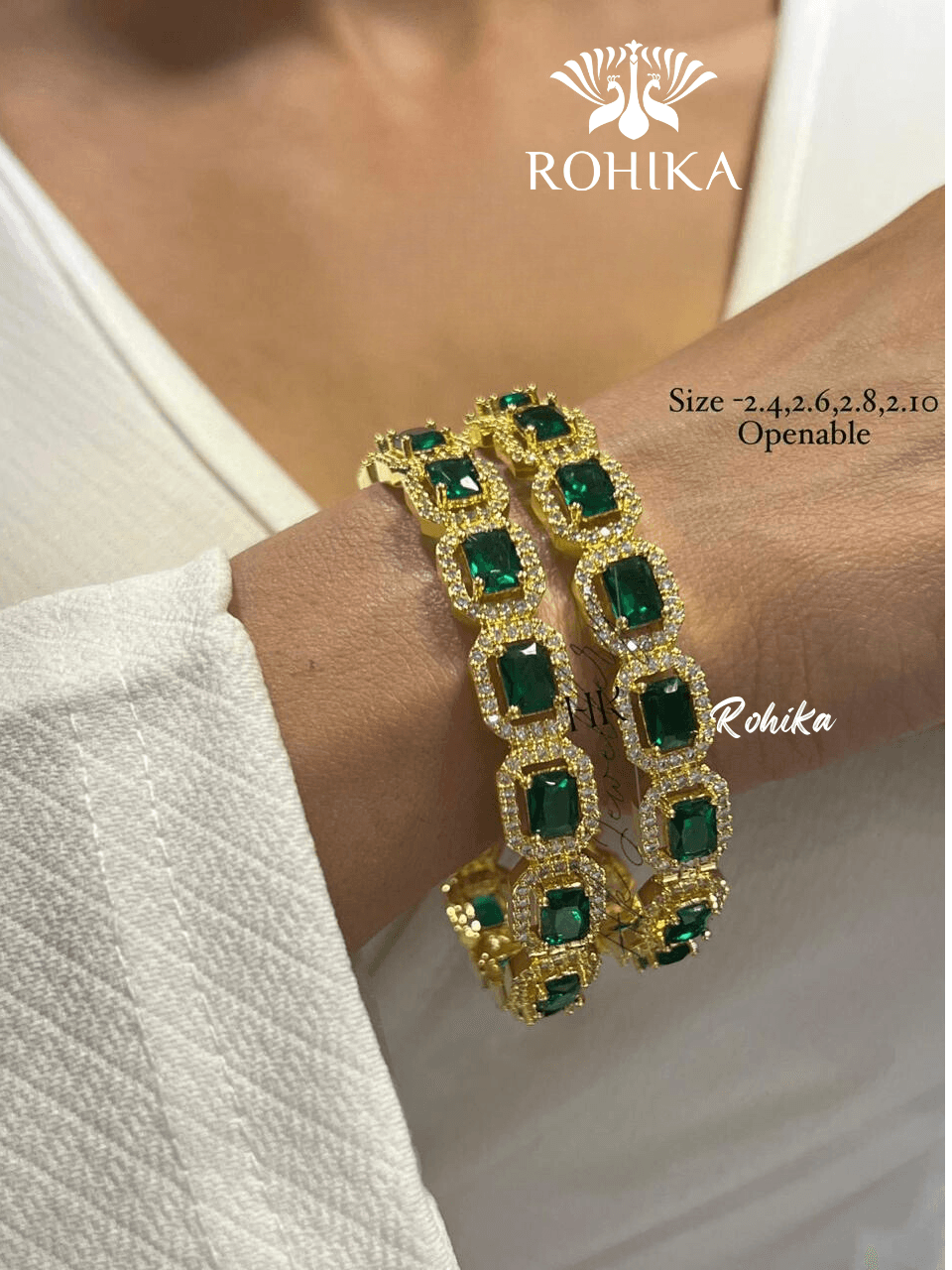Denise american diamond bangles pair - Dark green - Rohika Store